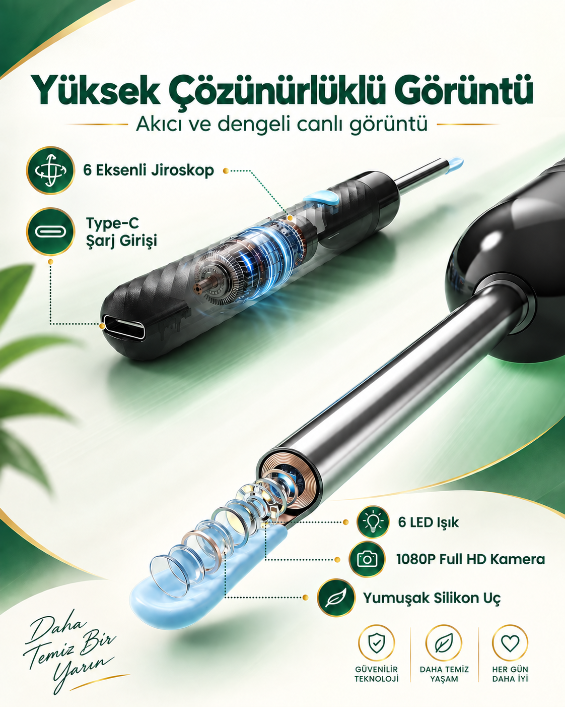 HD Kameralı Kulak Temizleme Cihazı – Wi‑Fi Otoskop ve Yumuşak Silikon Uç