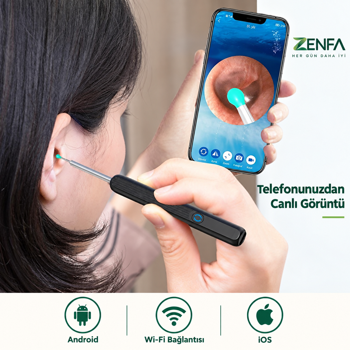 HD Kameralı Kulak Temizleme Cihazı – Wi‑Fi Otoskop ve Yumuşak Silikon Uç