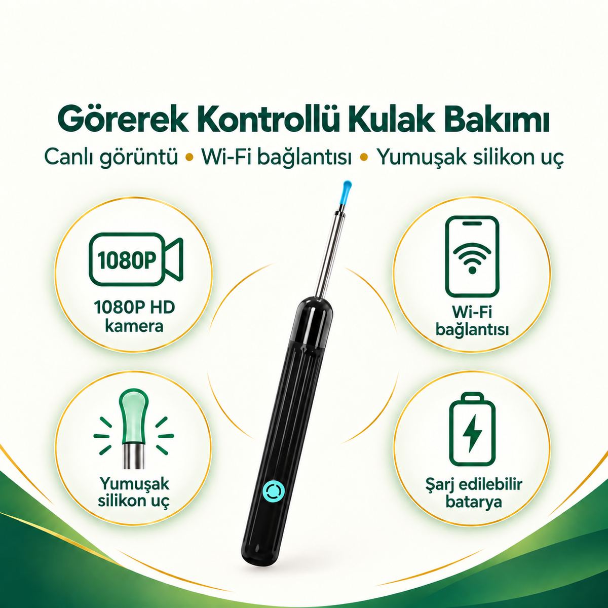HD Kameralı Kulak Temizleme Cihazı – Wi‑Fi Otoskop ve Yumuşak Silikon Uç