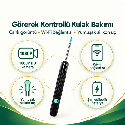 HD Kameralı Kulak Temizleme Cihazı – Wi‑Fi Otoskop ve Yumuşak Silikon Uç