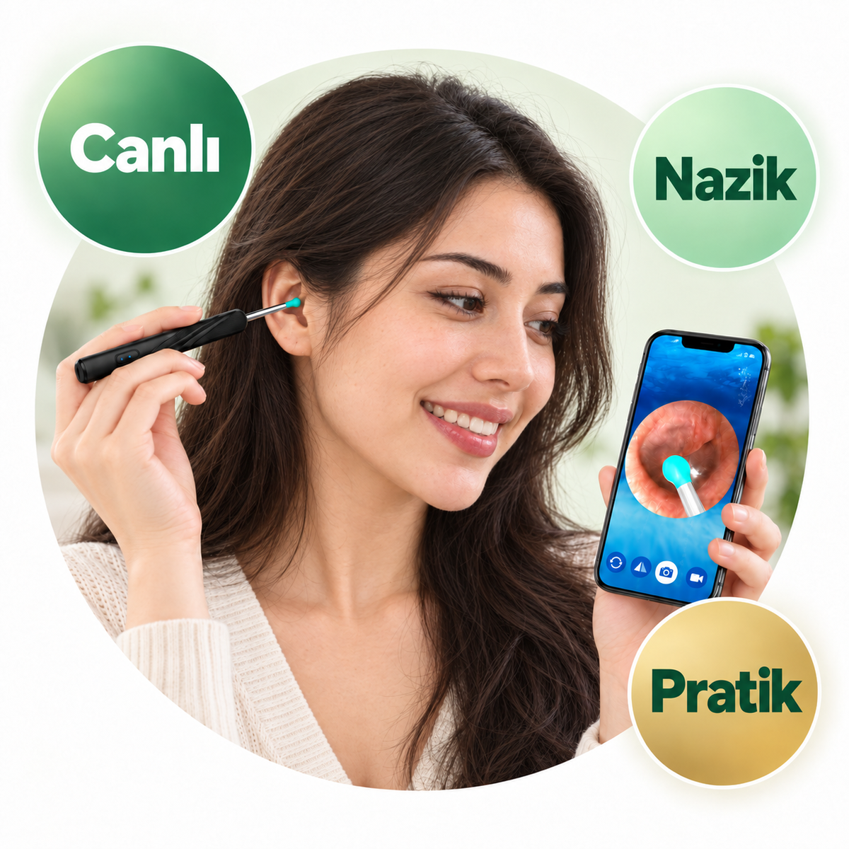 Cihaz ve telefonda canlı görüntüyle yetişkin kullanım örneği